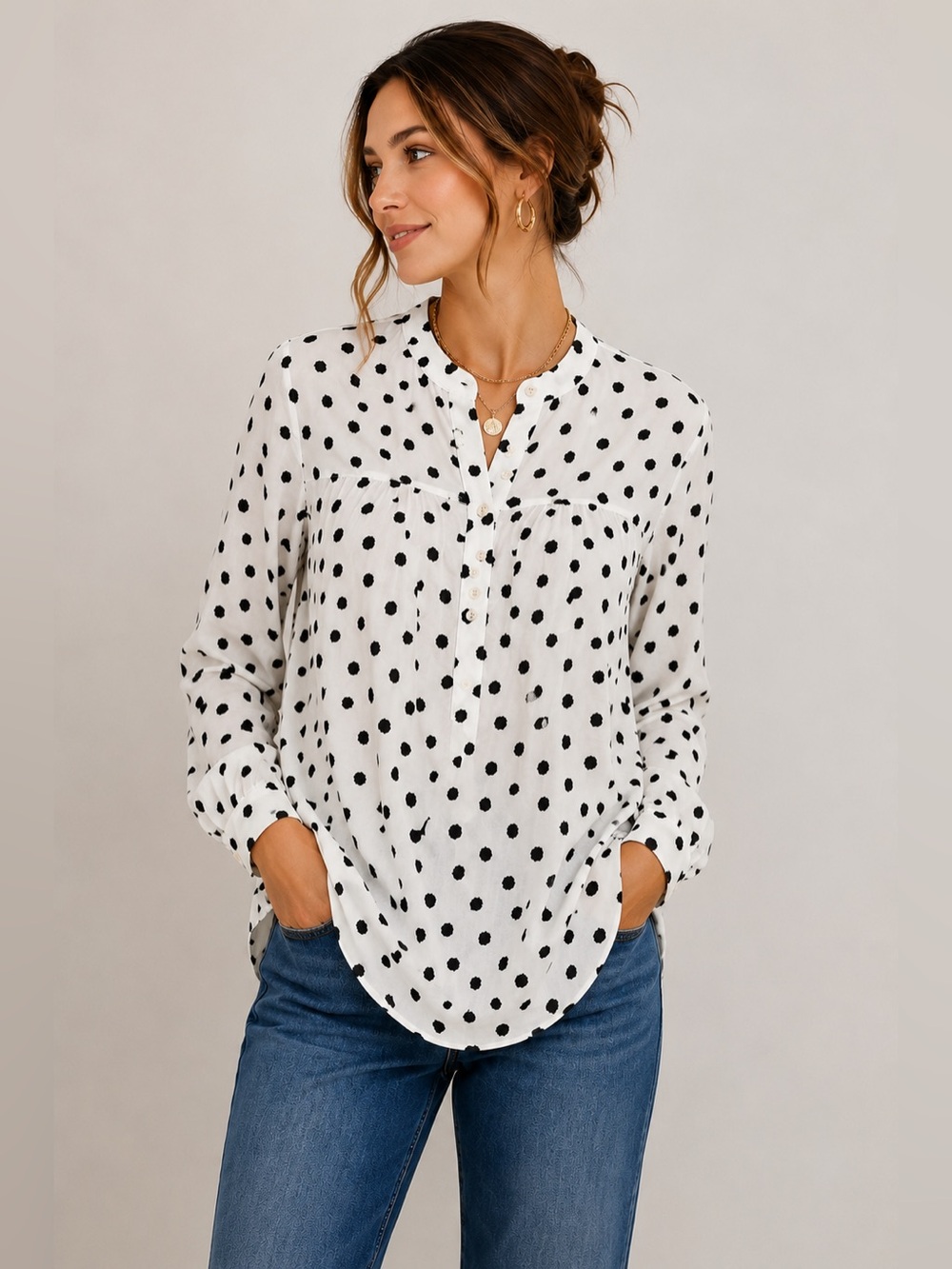 Maeve Anthropologie Polka Dot Popover Blouse Black White Size Small